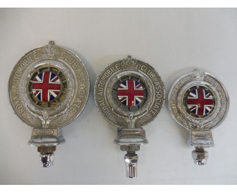 A graduated set of three Royal Automobile Associate car badges, all mazak metal with good enamel union jack centres, the larg