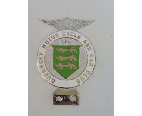 A Guernsey Motor Cycle and Car Club badge, produced 1948-1980s, chrome plated brass and enamel.