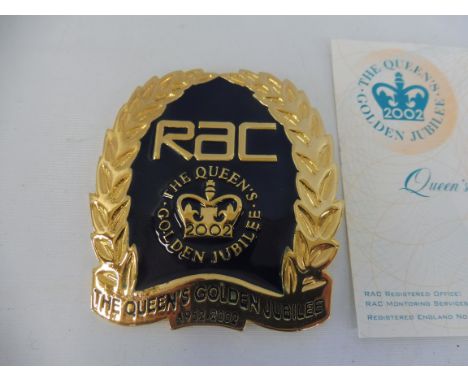 A cased RAC Queen's Golden Jubilee badge, produced 2002, brass and enamel no 368/1000, with certificate plus mounting fitting
