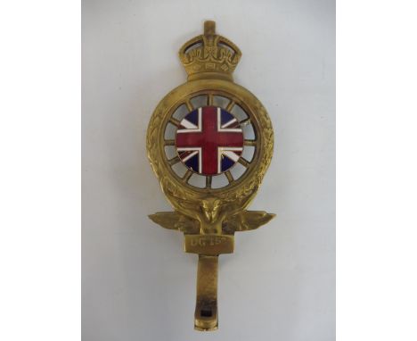 A Royal Automobile Club full member badge, polished brass with excellent enamel union jack centre, member no. DG 156, marked 