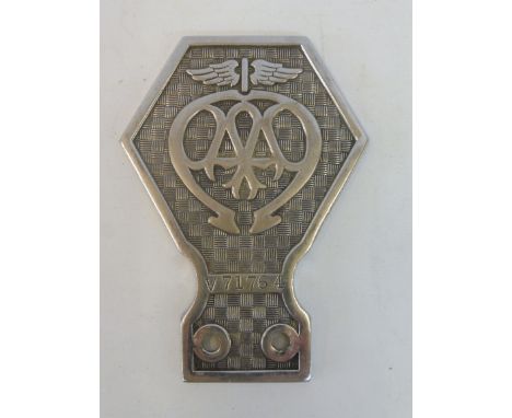 An AA light commercial badge, stamped V71764, small type 1, early 1930s chrome plated brass, illustrated on pg 29 of 'British
