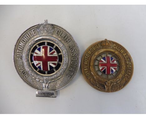 A Royal Automobile Club Associate car badge, brass radiator fixing version with small enamel union jack centre plus an RAC As