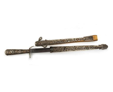 the fullared steel blade stamped Zuco, with white metal grip and scabbard with a matching riding crop the hunting knife 47cm 