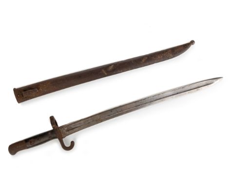 with fullered steel blade, swept quillon, two piece checkered grip, stamped marks, with original scabbard 63cm long