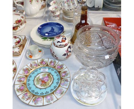 A 1930's Webb cut glass rose bowl with glass insert; a cut decanter; a Wade Bell's whisky bottle; a Carltonware cup and sauce