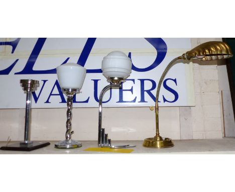 A brass angle poise shell brass lamp and 3 Art Deco style chrome lamps, 2 with glass shades