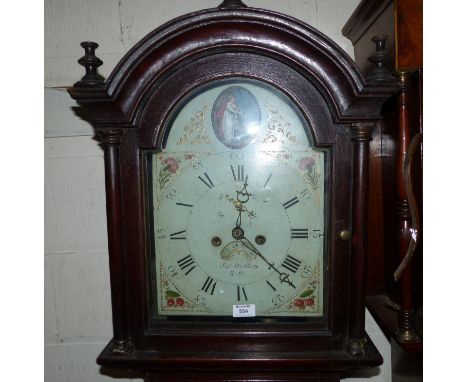 A late 18th century oak longcase clock with arched top and brass ball and eagle finial, turned side columns, full length door