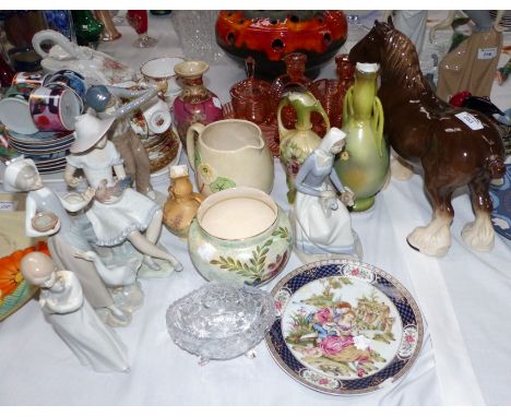 A Lladro figure:  girl with goose; a Nao figure: girl feeding cockerel; a 1950's glass dressing table set; a selection of chi