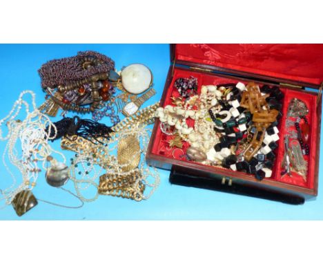 A selection of vintage belts; a jewellery box; a selection of costume and other jewellery