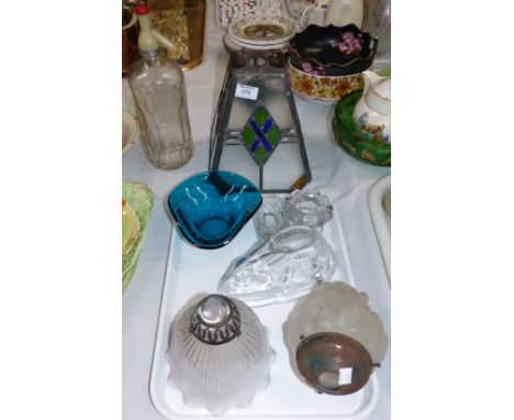 A leaded glass hall light shade with coloured glass decoration; other glassware 