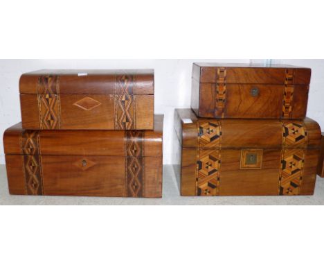 A Victorian walnut 2 division tea caddy with geometric inlaid decoration, 8"; 3 similar domed top jewellery boxes