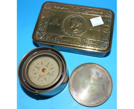 A small naval compass set in gimballed mount in cylindrical case, 2¾" diameter; a Queen Mary Christmas tin