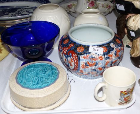 An Imari pattern ribbed vase, signature to base; 2 Spode Velamour vases; a turquoise crackle glaze pot with silver plated mou