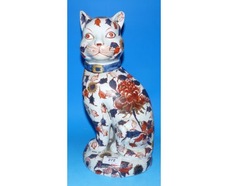 A Japanese Imari pattern ceramic figure of a large seated cat, with mark to base 13"