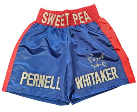 Pernell Sweet Pea Whitaker signed personalised blue and red boxing shorts. Pernell Whitaker Sr. (January 2, 1964 - July 14, 2