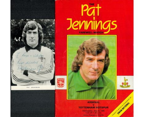 Pat Jennings signed 6x4 inch black and white photo and The Farewell Match Arsenal v Tottenham 1985 vintage programme. Good co