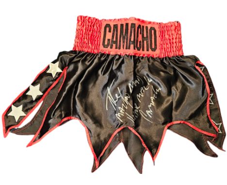Hector "Macho" Comacho signed personalised red and black boxing shorts. Héctor Luís Camacho Matías (May 24, 1962 - November 2