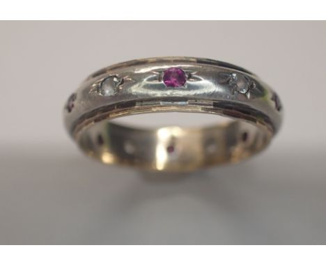 925 silver and 9ct gold vintage 1975 pink and white stone set full eternity ring, size K/L