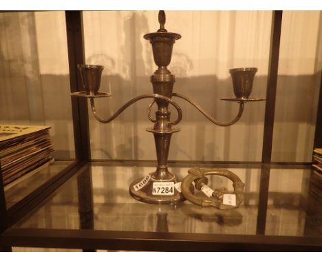 Sheffield silver plate candelabra and a brass claddagh door knocker