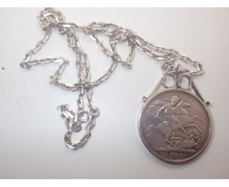 Mounted 1890 Victoria silver crown and chain
