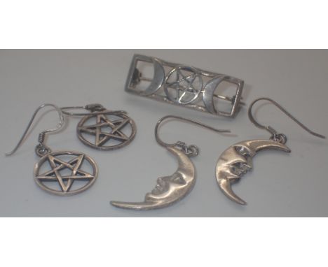 925 silver crescent moon earrings with 925 silver matching brooch