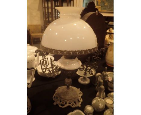 Antique Victorian oil lamp with milk glass shade and reservoir, H: 50 cm