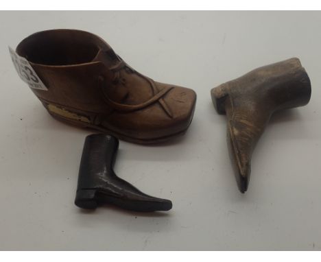 Georgian carved treen snuff box, lacking lid, continental match holder in form of a shoe and a Georgian treen miniature shoe 