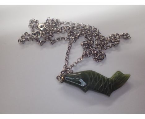 Carved jade carp on a sterling silver chain