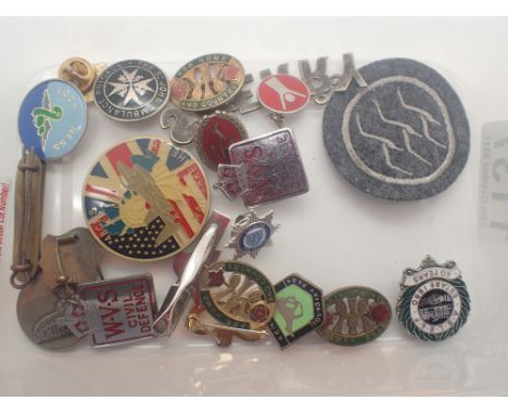 Box of badges including enamel examples
