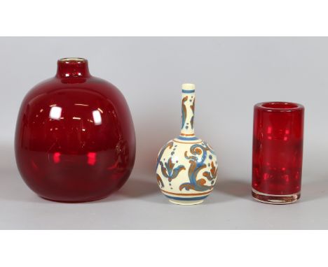 A Whitefriars style cylindrical shaped vase, ruby art vase and Torquay ware bottle vase.