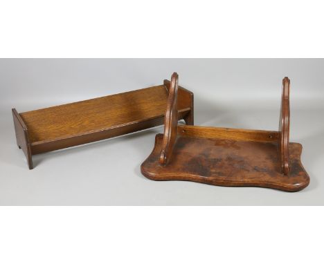A walnut bracket shelf along with an oak book trough.