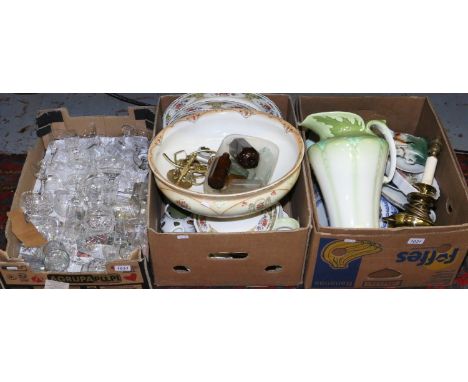 Two boxes of miscellaneous ceramics and a box of clear glass to include drinking vessels, Crown Devon wash bowl, Royal Winton