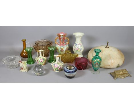 A collection of mixed ceramics and glasswares including an alabaster light shade, a Venetian handpainted vase, Rosenthal pomp