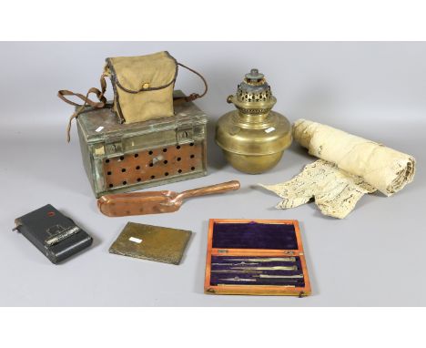 A copper smoker cabinet maker Chas F Thackray, a brass oil lamp, rolled snakeskin, drawing instruments, etc.