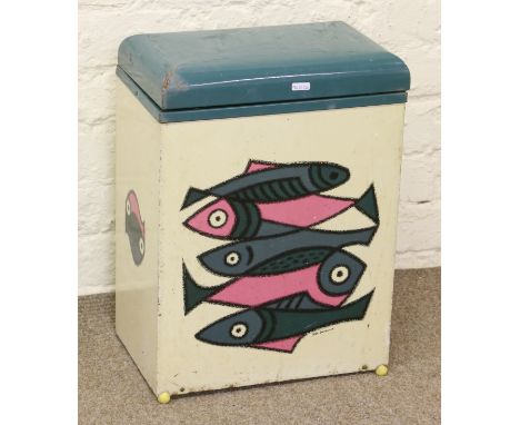 A retro Worcester ware metal storage box decorated with fish 19" high.