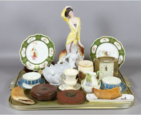 A tray lot of collectables to include Noritake, Aynsley, German figural vase, Smiths brass cased 8 day mantel clock, pair of 