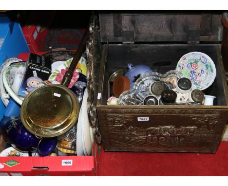 A brass bound coal box and a box containing assorted ceramics and glass including Aynsley, a brass bed warmer and hall mirror