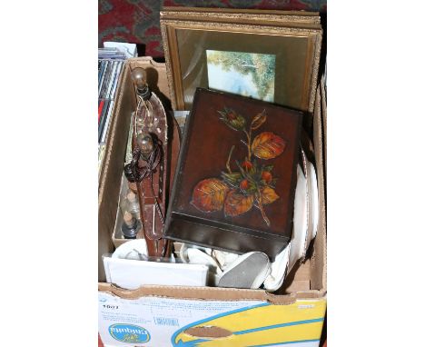 A box of miscellaneous and collectables including vintage advertising toffee tin, dolls shoes, vintage ship lamp, prints and 