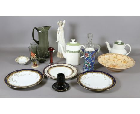 A colleciton of pottery and china including Hummel figure, Royal Doulton, 1970s glass and a Jackfield matchstrike, etc.