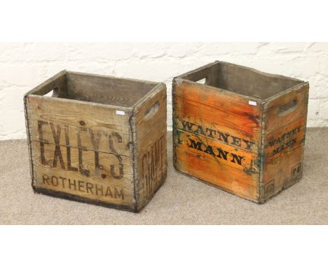 Two vintage wooden advertising crates with stencilled branding one for 'Watney Mann' the other 'Exley's Giant Rotherham'