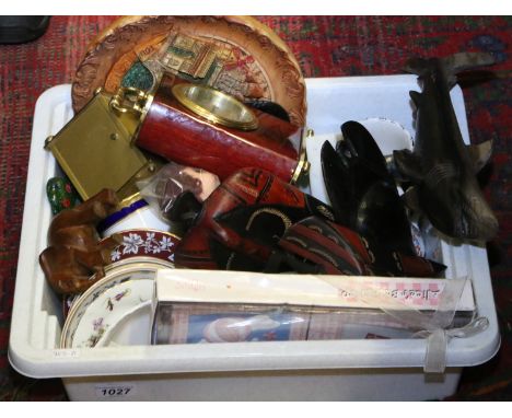 A box of miscellaneous ceramics, carvings and clocks to include Royal Worcester teawares, African tourist wall masks etc.