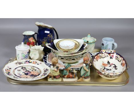 A tray of pottery and china including Masons, Poole, Hummel figures, Royal Winton, Belleek, Aynsley and Crown Devon, etc.