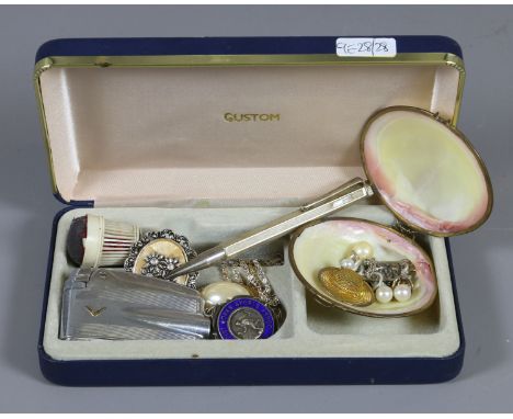 A silver cased propelling pencil, enamelled silver football medal, Ronson lighter and a small colleciton of costume jewellery