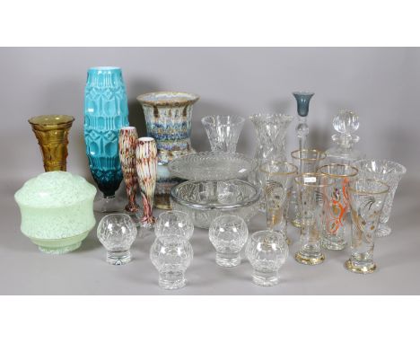 A collection of mixed glassware including a decanter, vases and a lampshade. 