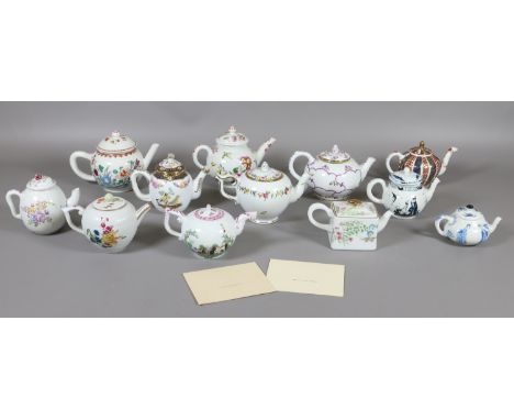 Twelve Franklin Mint Victoria and Albert porcelain teapots after 18th century originals from Worcester, Meissen, Bow and Menn