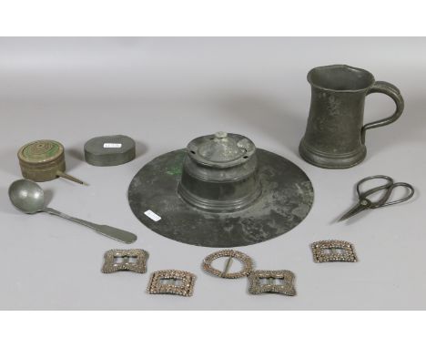 A collection of pewter items to include Yates & Birch goblet, a ships inkwell, snuff box and oil pump along with a collection