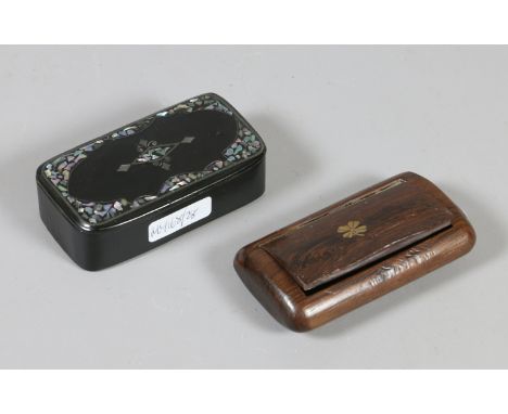 A 19th century lacquered papier mache snuff box with abalone inlay and a rosewood example. 
