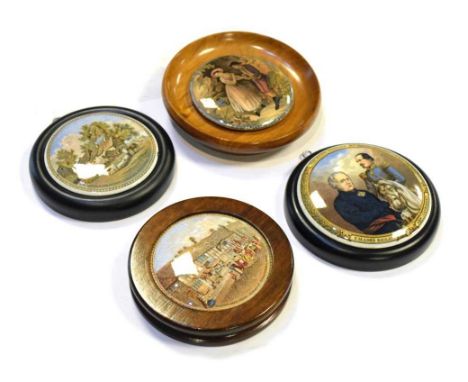 Four framed Prattware pot lids - 'Shakspeares House Henley St Stratford on Avon, The Residence of Anne Hathaway Shakspears Wi