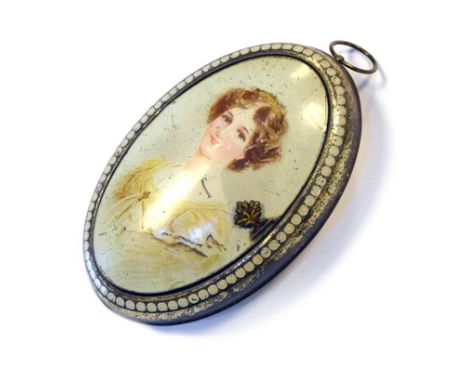Early 20th Century Huntley &amp; Palmer's biscuit tin, of 'portrait miniature' form with seed pearl effect border, stamped ve