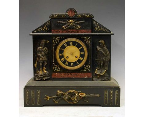 Large black slate and marble clock with gilt-incised black Roman chapter ring, 42cm high